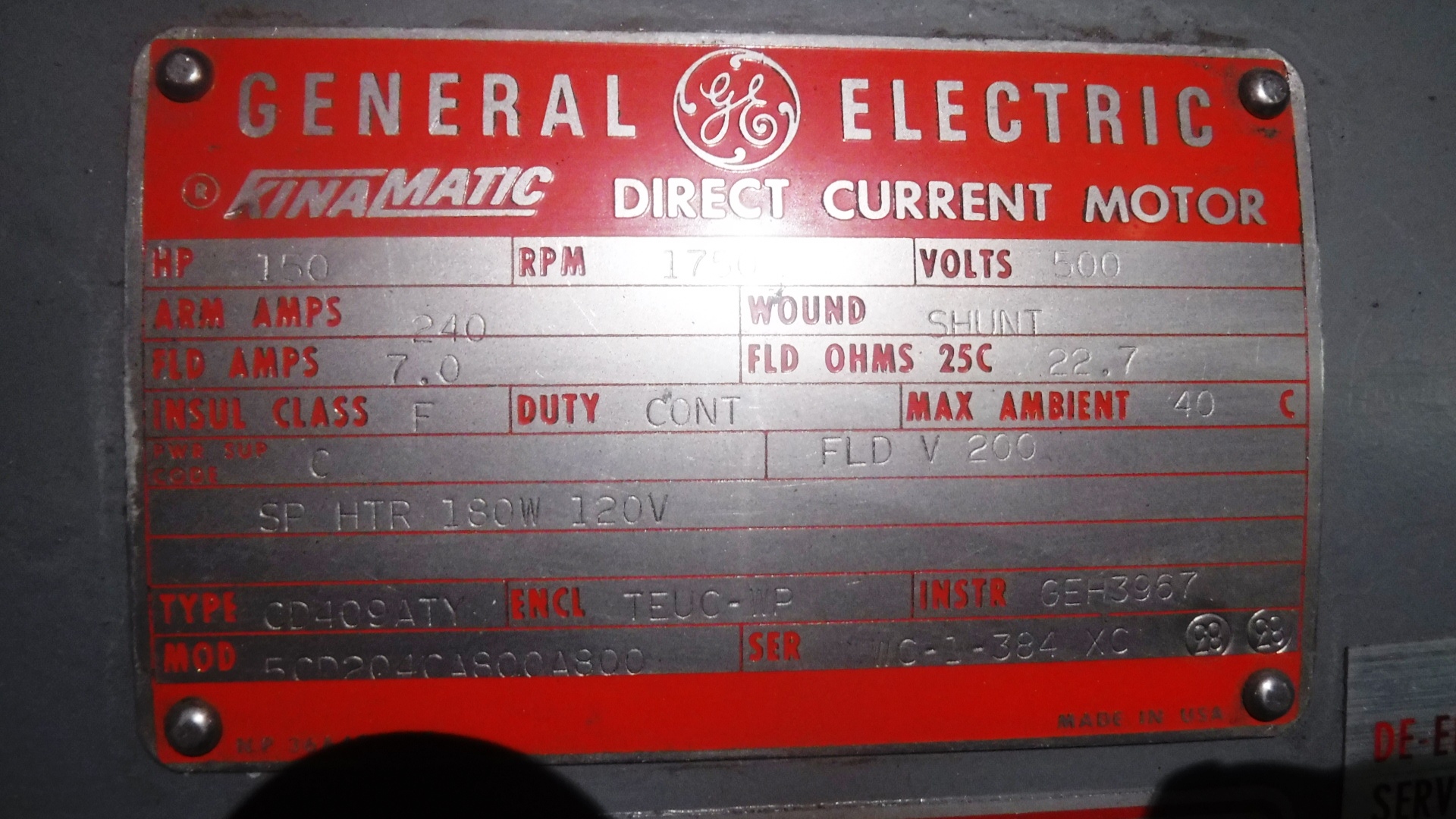 General Electric 150 HP 1750 RPM 409ATY DC Motors 81498